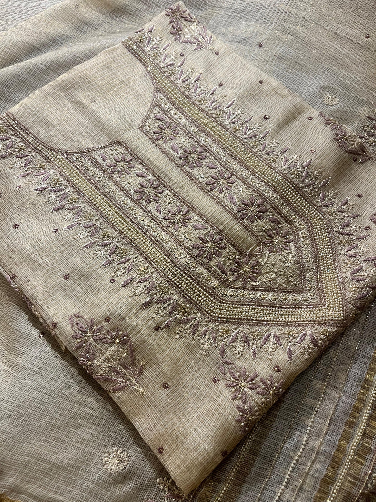 Beige Mauve Tissue Kota Chikankari Unstitched Fabric