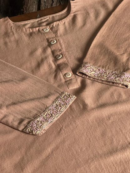 Mocha Brown Shade Kashmiri Pashmina Phiran with Handcrafted Ari & Chikankari Embroidery