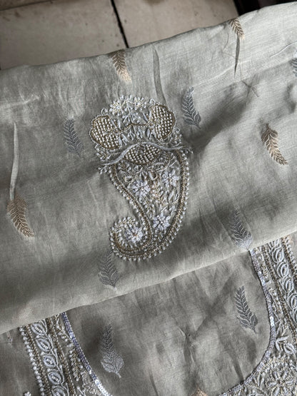 Grey Shade Banarasi Zari Chanderi Unstitched Chikankari Fabric