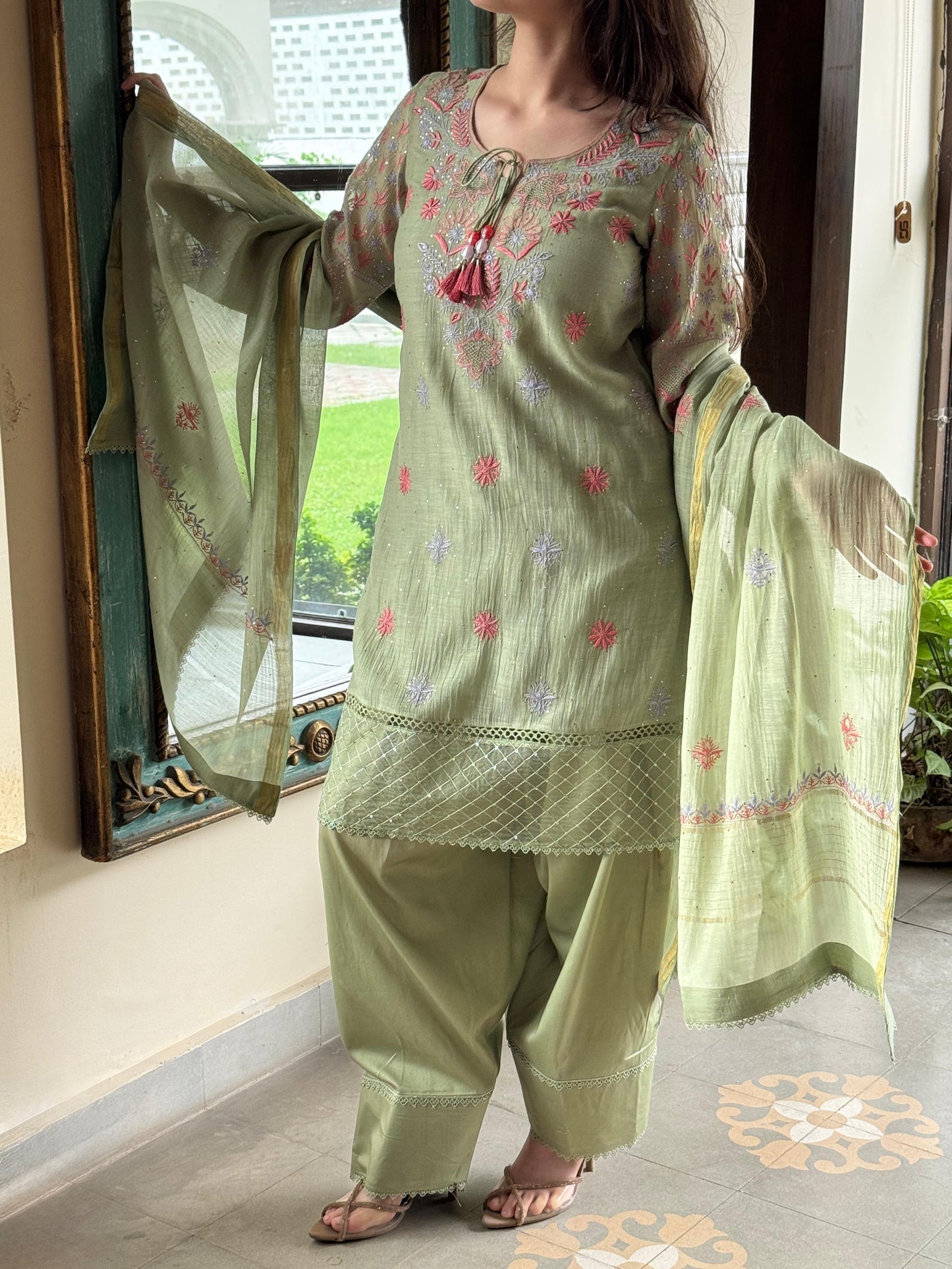 Green Shade Mul Chanderi Chikankari Farshi Sets