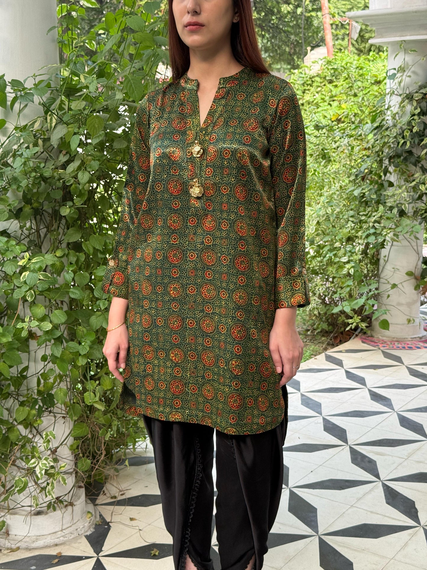 Ajrak Green Multi Shade Mashru Silk, Short Kurta