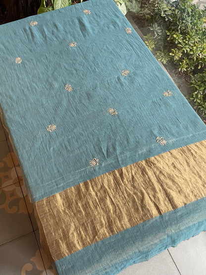 Grey Blue Shade | Tissue Silk Chikankari Work Kurta Set