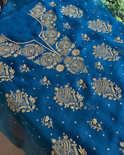 Prussian Blue Noor Organza Silk Chikankari Unstitched Kurta Dupatta Set