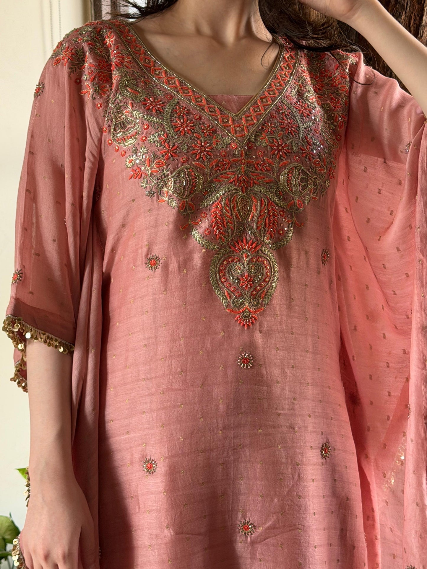 Peach Shade Zari Chanderi Chikankari Kaftan