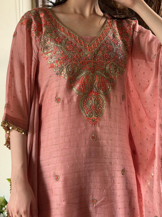 Peach Shade Zari Chanderi Chikankari Kaftan