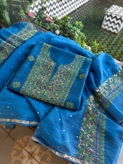 Blue & Green Shade Mal Cotton Chikankari Unstitched Kurta Dupatta Fabric With Mukaish Badla
