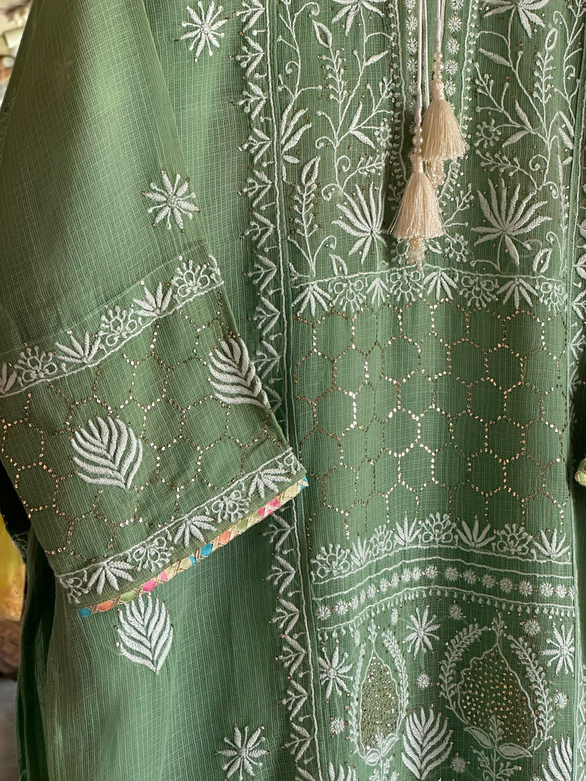 Green Shade Kota Applique Chikankari Kurta Dupatta Set