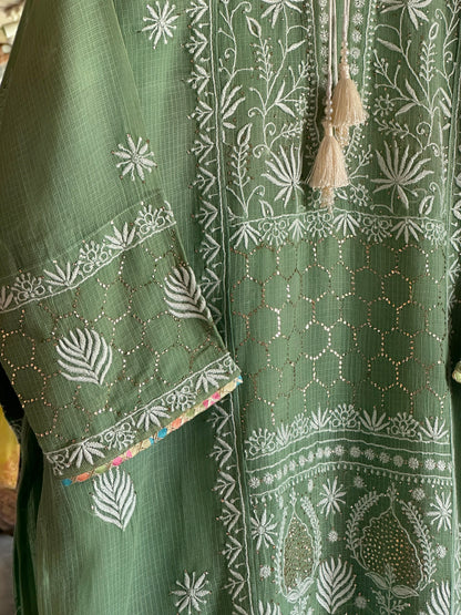 Green Shade Kota Applique Chikankari Kurta Dupatta Set