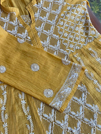 Gold Yellow Shade | Tissue Silk Chikankari Jaali Work Kurta Set