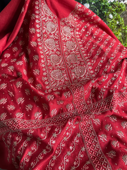 Deep Red Shade Moonga Silk Chikankari Unstitched Fabric
