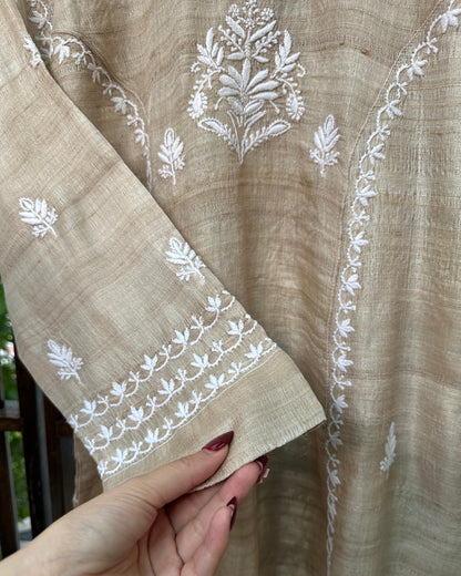 Natural Beige Tussar Silk Chikankari Ready to Wear Kurta