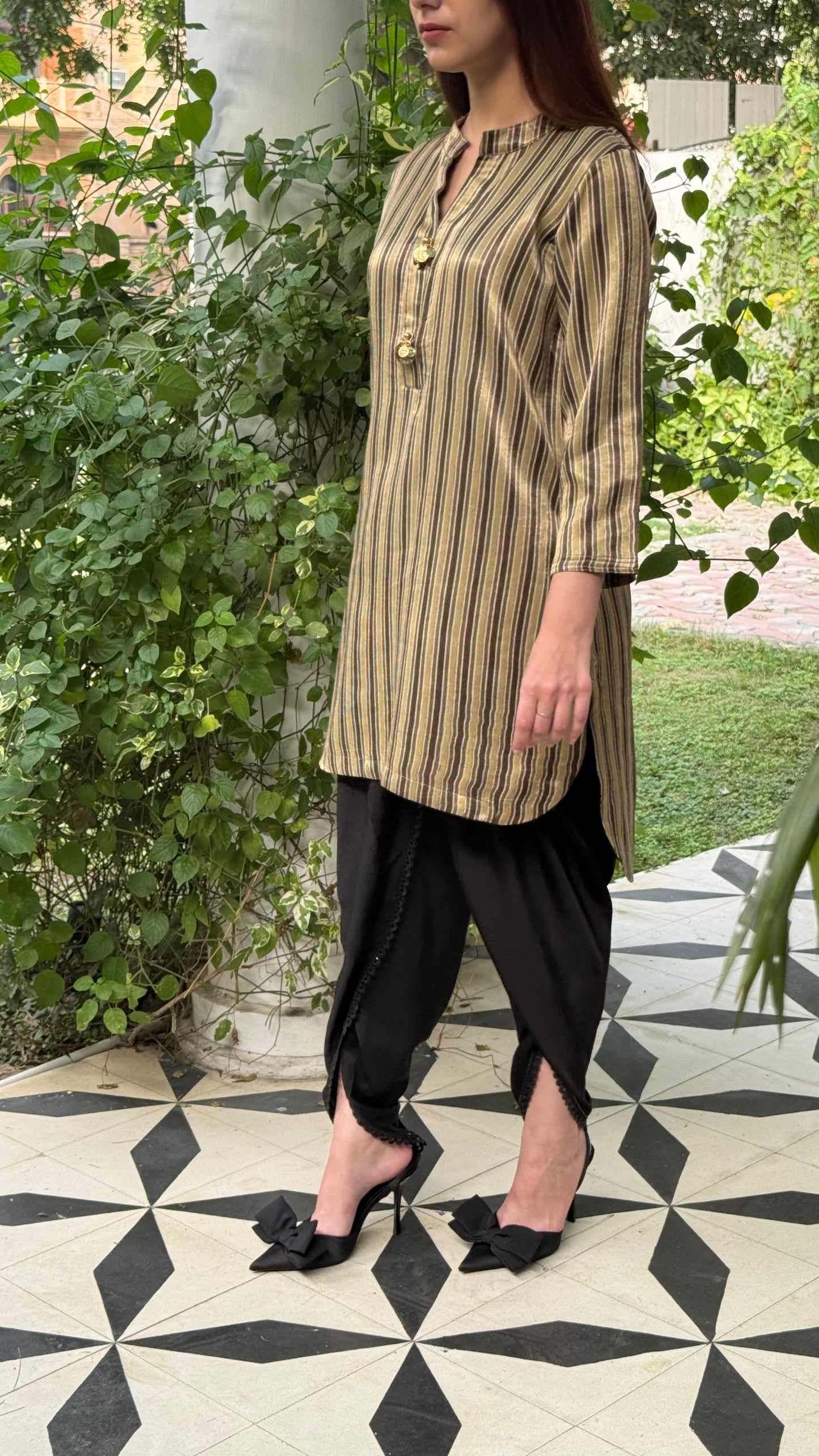 Ajrak Tan Brown Shade Mashru Silk, Short Kurta