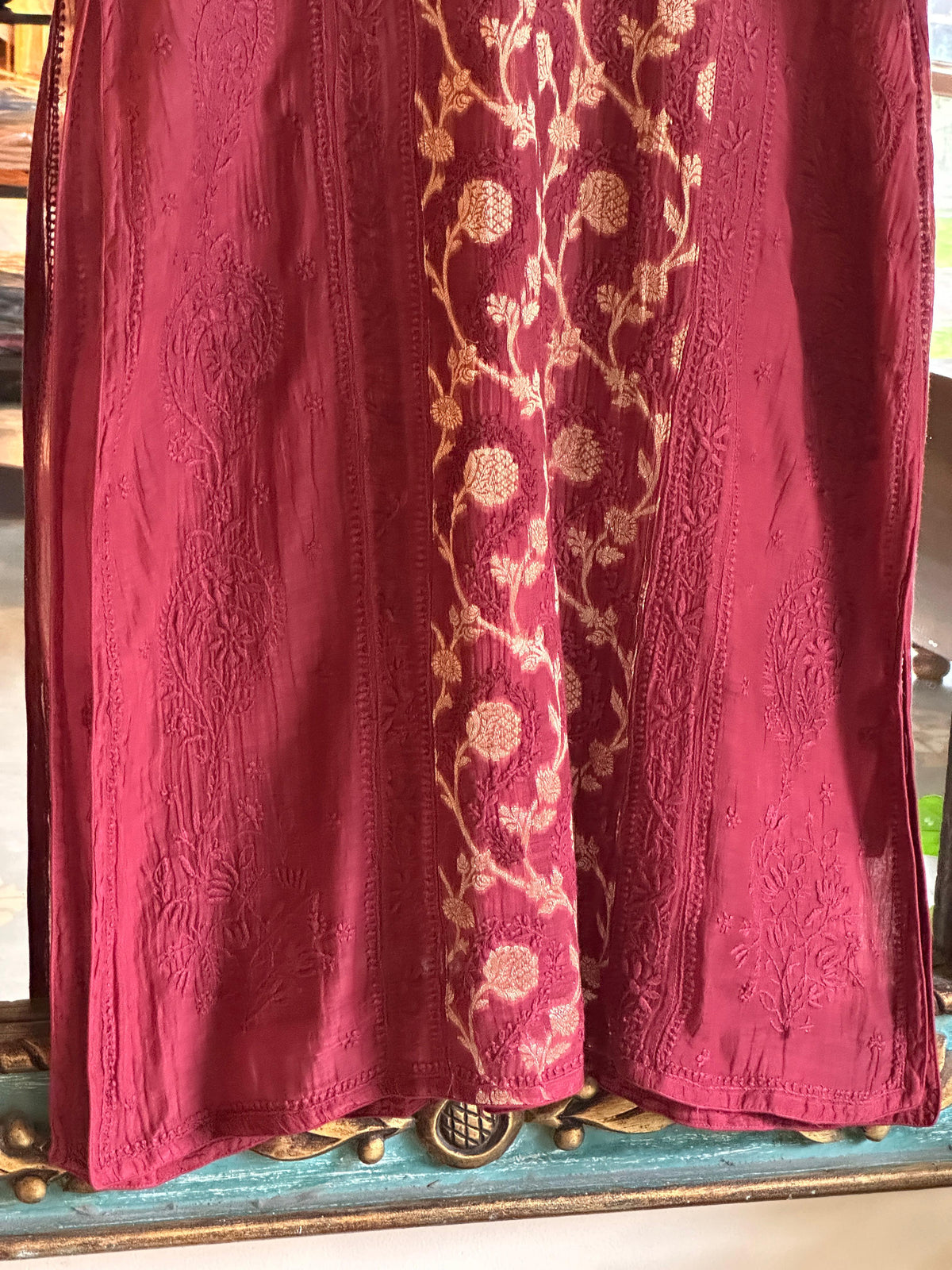 Maroon Zari Chanderi Chikankari A Line Kurta with Slip