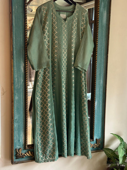 Green Zari Chanderi Chikankari A Line Kurta with Slip
