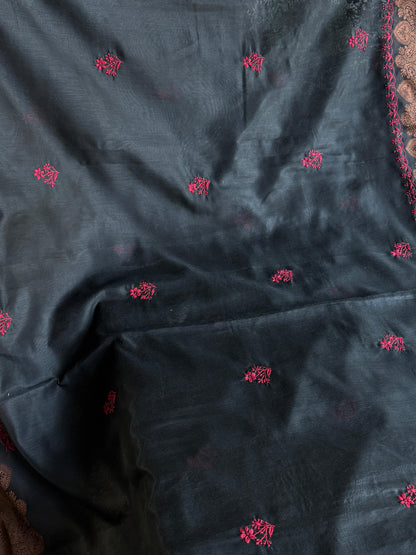 Black & Red Chanderi Saree with Chikankari Embroidery & Banarasi Zari Border