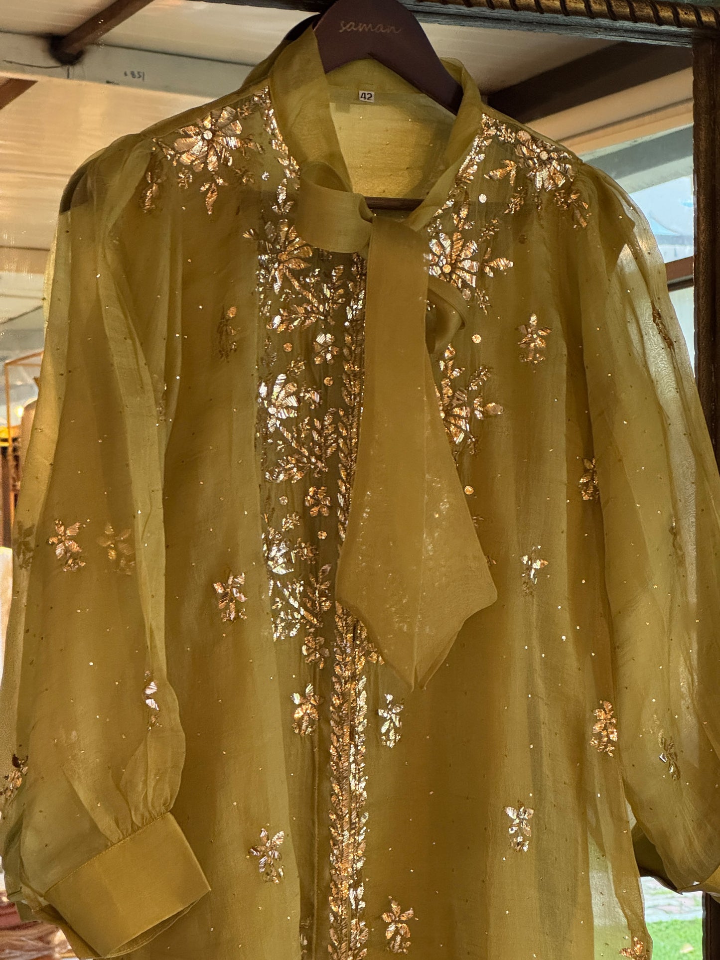 Neon Green Noor Organza Mukaish Badla Short Top With Bow Tie