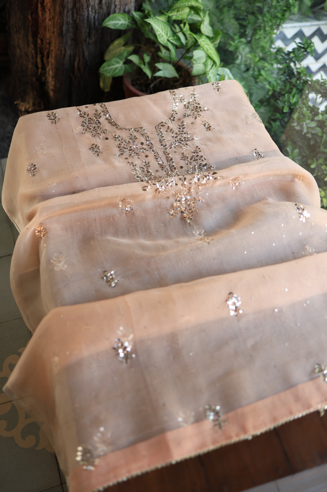 Peach Shade Noor Organza Silk Badla Unstitched Kurta Dupatta Set
