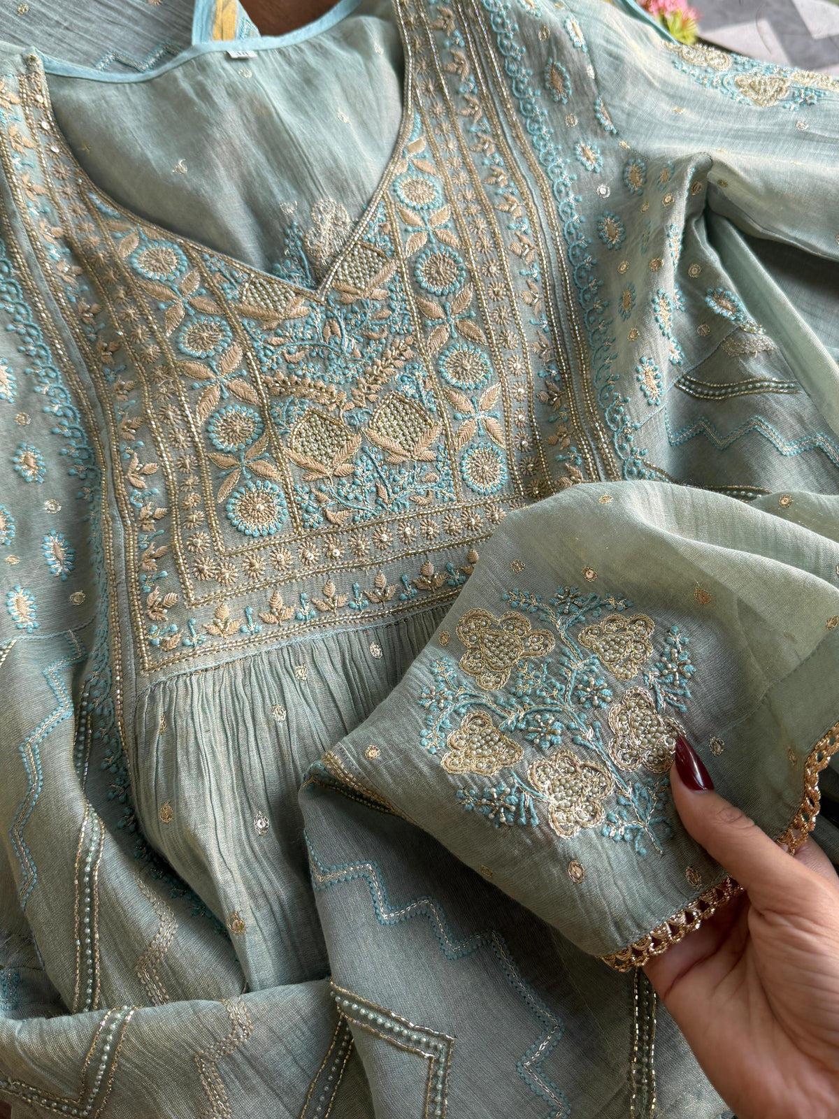 Cement Shade Tissue Silk Chikankari Bhopali Cut Kurta Dupatta Set