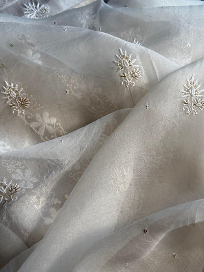 White Noor Organza Banarasi Silk Chikankari Unstitched Kurta Dupatta Set