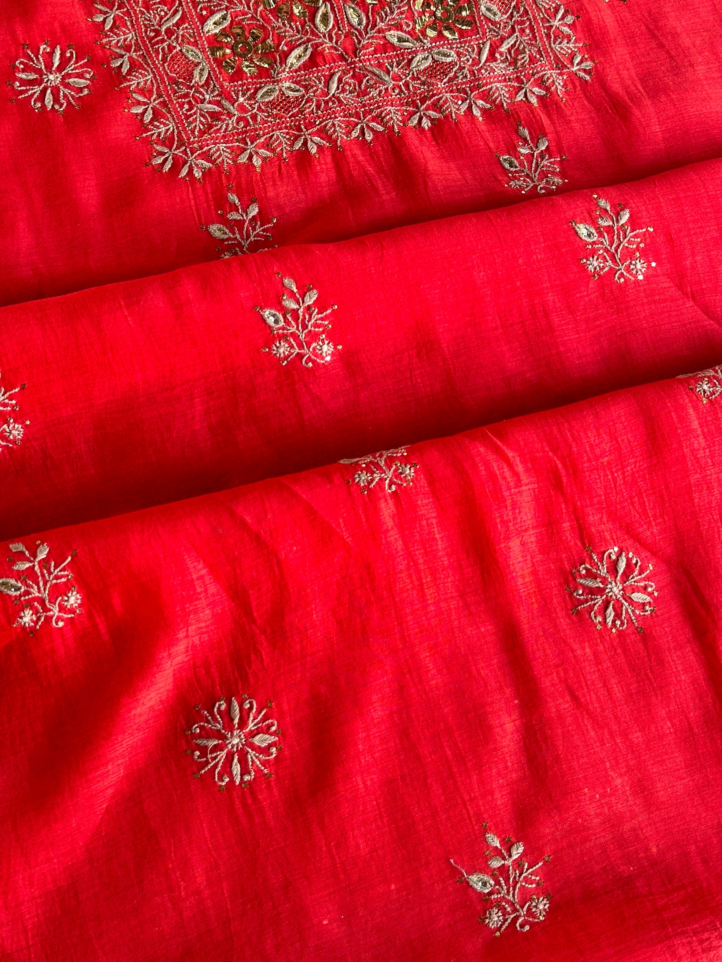 Red Shade Mal Cotton Chikankari Unstitched Kurta Dupatta Fabric With Mukaish Badla