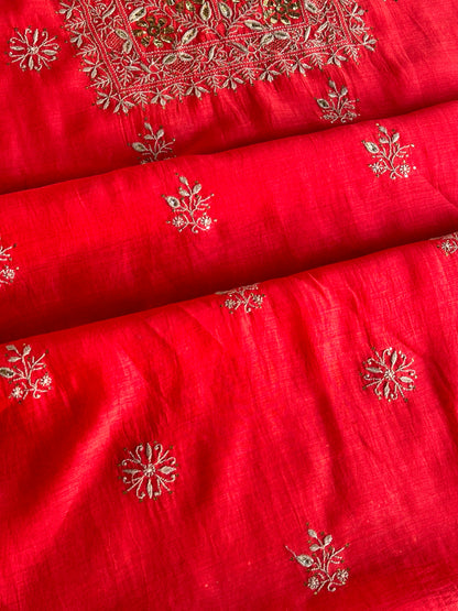 Red Shade Mal Cotton Chikankari Unstitched Kurta Dupatta Fabric With Mukaish Badla
