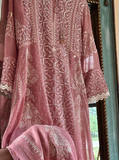 Soft Pink Mulmul Pearl White Chikankari Ready to Wear Kurta Set