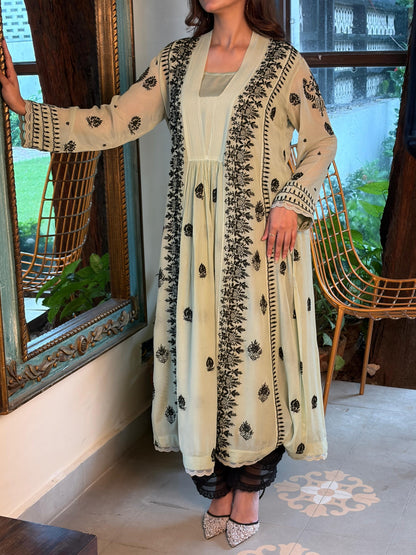 Pastel Green Chiffon Chikankari Kurta with Lace Detailing