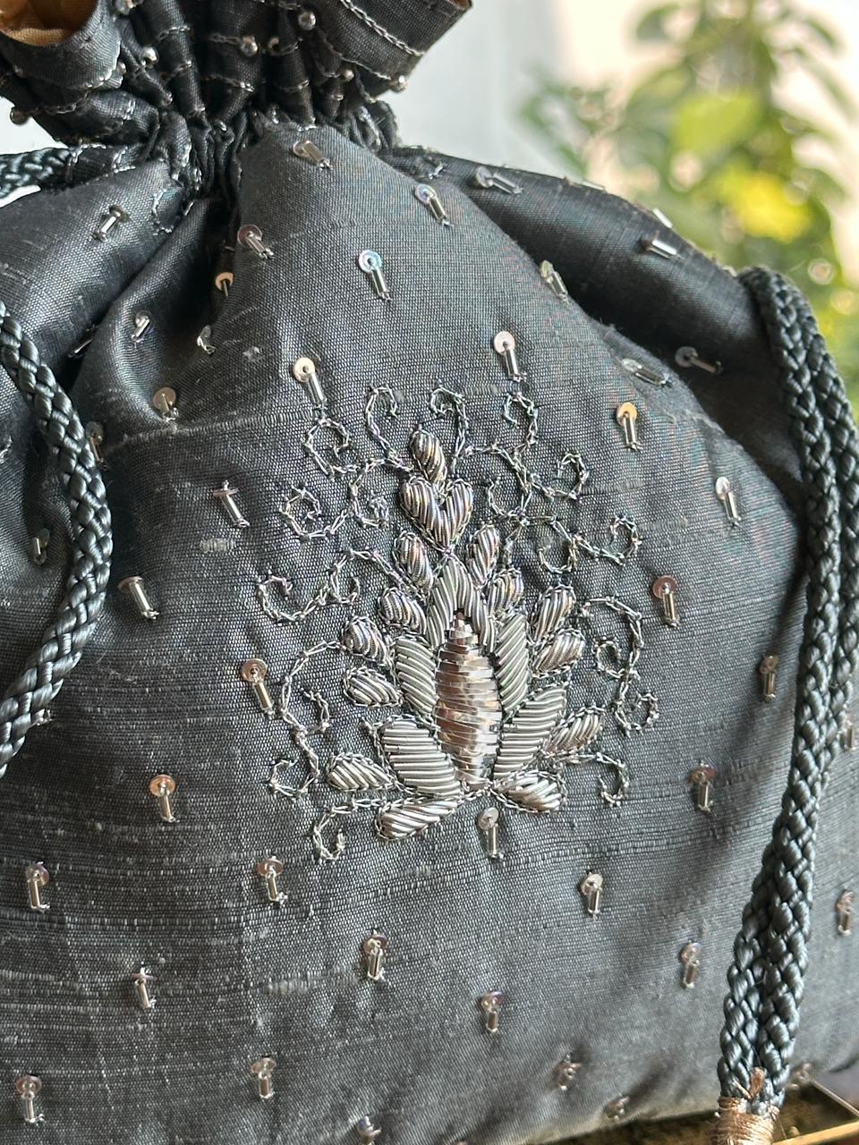 Grey Raw Silk Zardosi Polti Bags