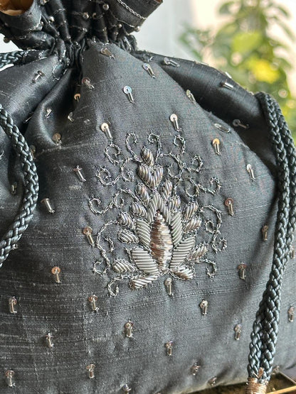Grey Raw Silk Zardosi Polti Bags