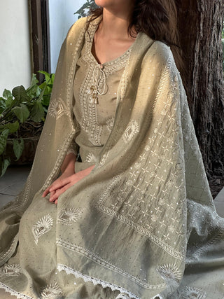Sage Green Mulmul Pearl White Chikankari Kurta With Heavy Dupatta