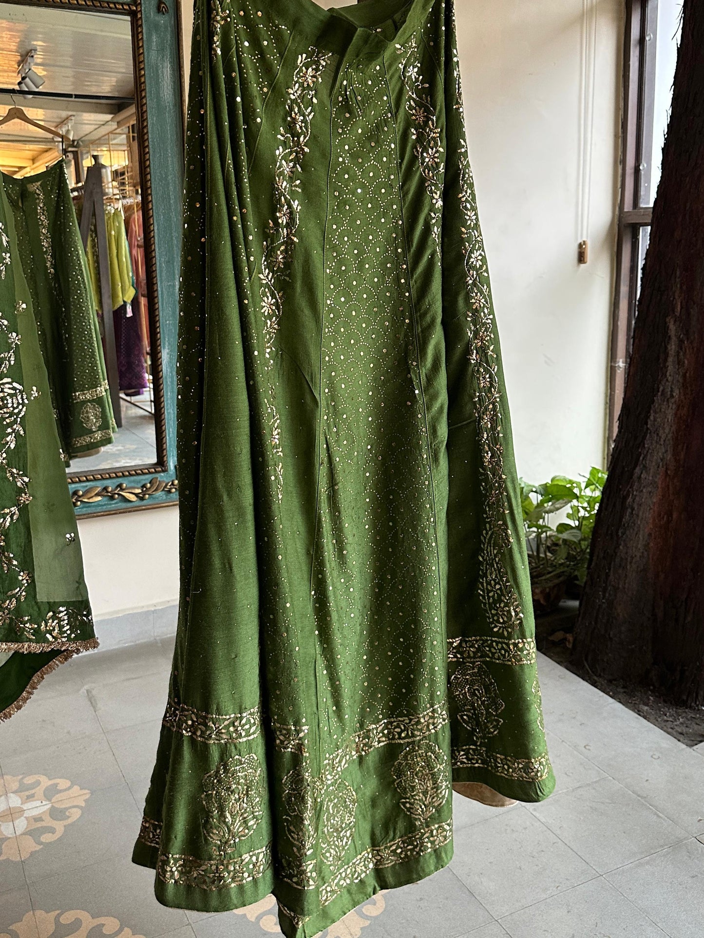 Green Moonga Silk Mukaish Badla Lehenga Set