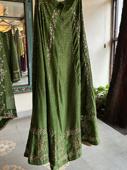 Green Moonga Silk Mukaish Badla Lehenga Set