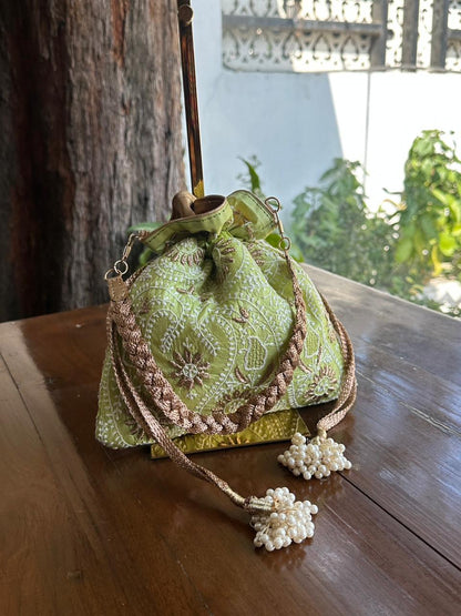 Mehndi Green Raw Silk Zardosi Polti Bags