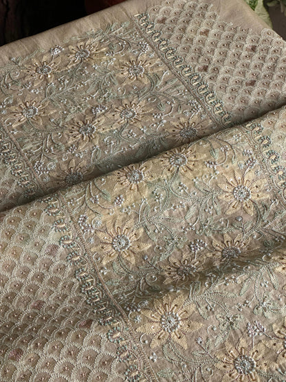 Lemon Shade Noor Banarasi Organza Chikankari Unstitched Fabric