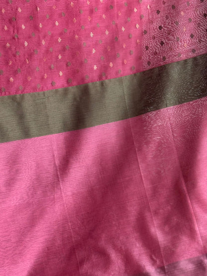 Hot Pink Woven Butta Saree with Contrast Grey Border