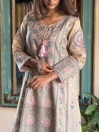 Basak Pink & Blue Natural Tussar Silk Kalidar Chikankari Kurta Set