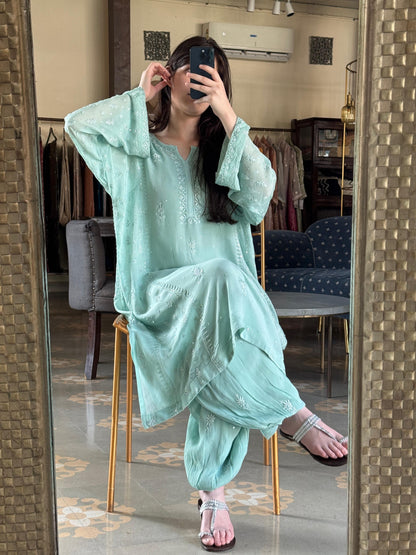Pastel Sea Green Chiffon Kurta with Afghani Salwar – Fine Chikankari Work