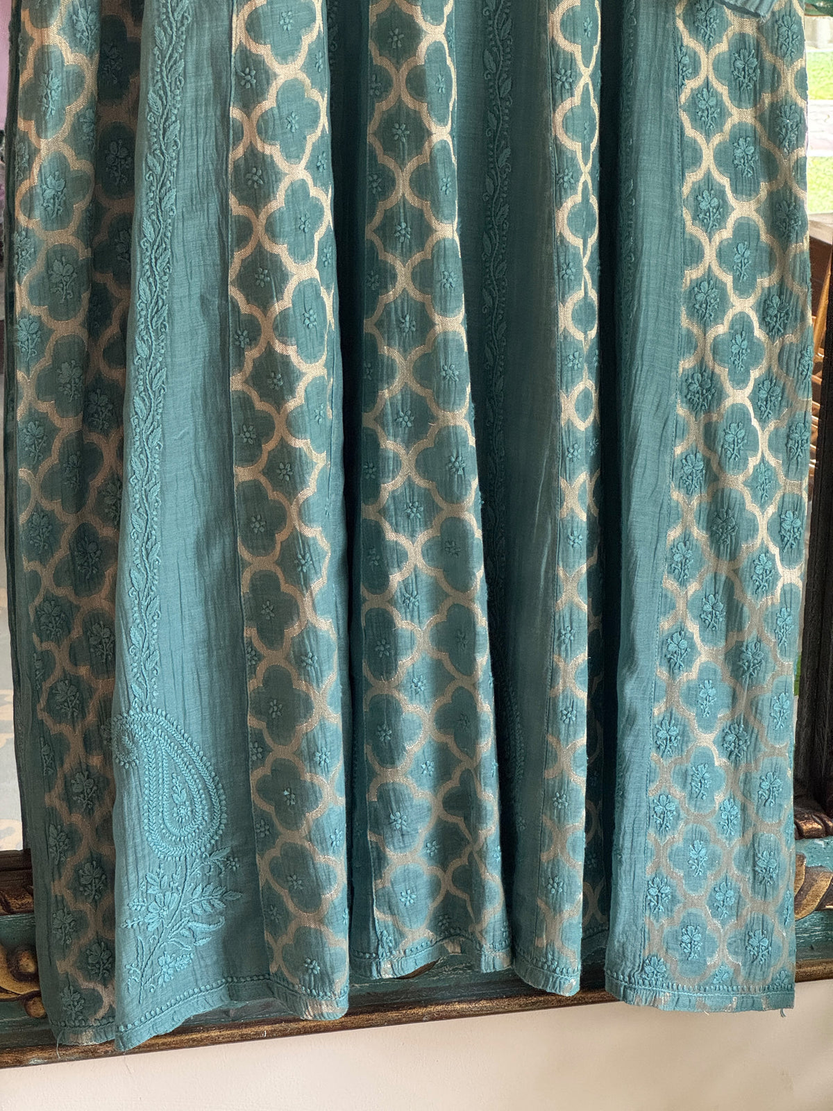 Sea Green Zari Chanderi Chikankari A Line Kurta with Slip
