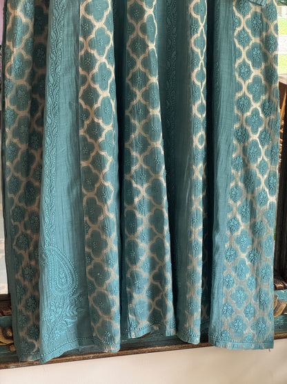 Sea Green Zari Chanderi Chikankari A Line Kurta with Slip