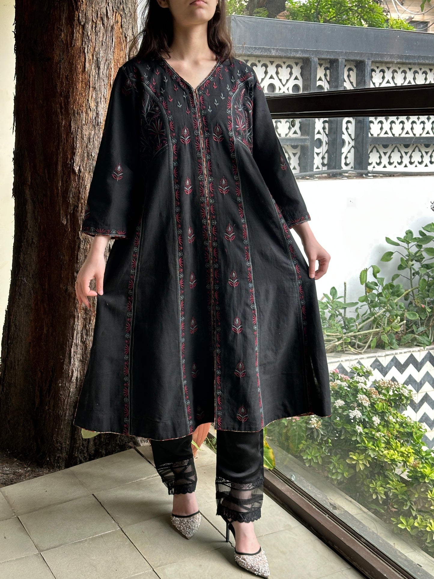 Black Handspun Malkha Chikankari Panel Tunic