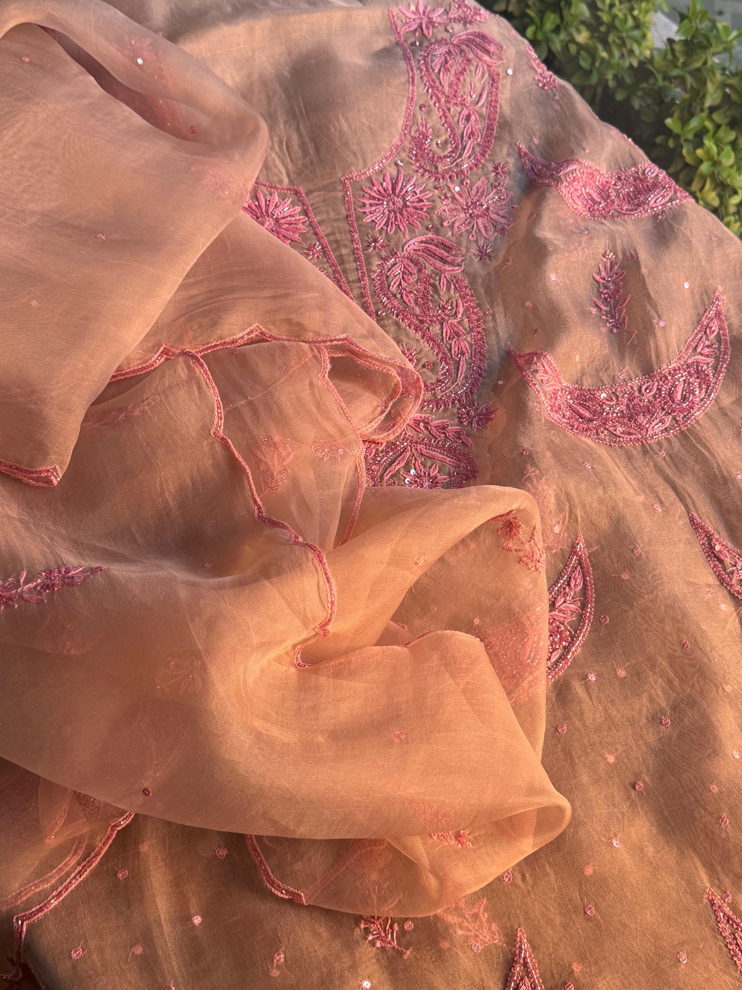 Beige & Pink Noor Organza Silk Chikankari Unstitched Kurta Dupatta Set