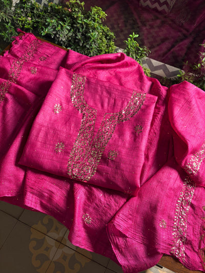 Plum Pink Shade Roheen Tussar Silk Mukaish Badla Fabric