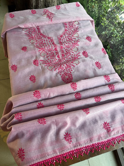 Mauve Pink Shade Kota Chikankari Unstitched Suit Fabric