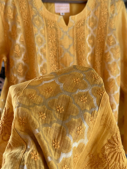Yellow Shade Zari Chanderi Chikankari Ready to Wear Tunics