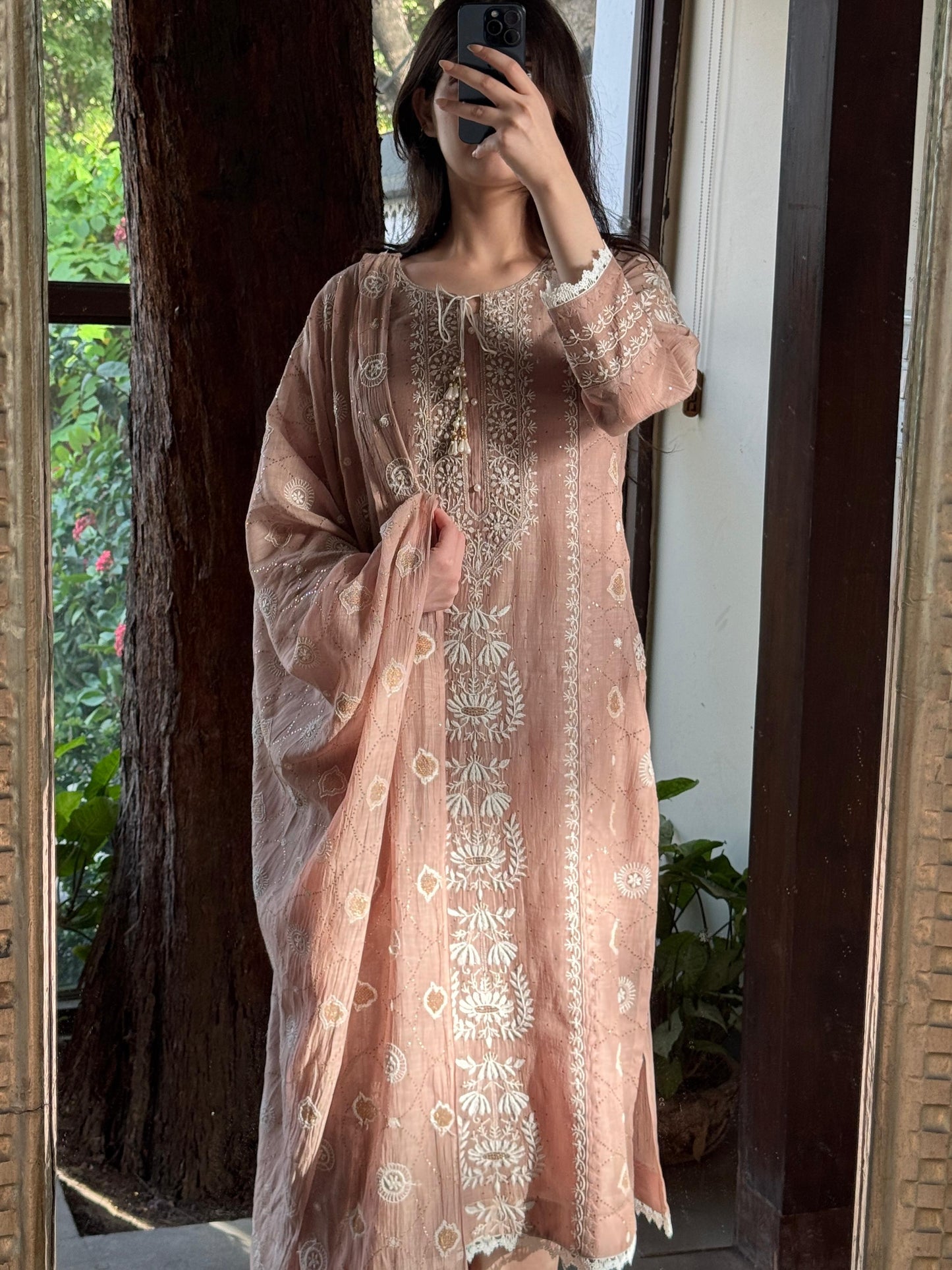 Nude Rose Mul Chanderi Mukaish Kamdani Chikankari Kurta Dupatta Set