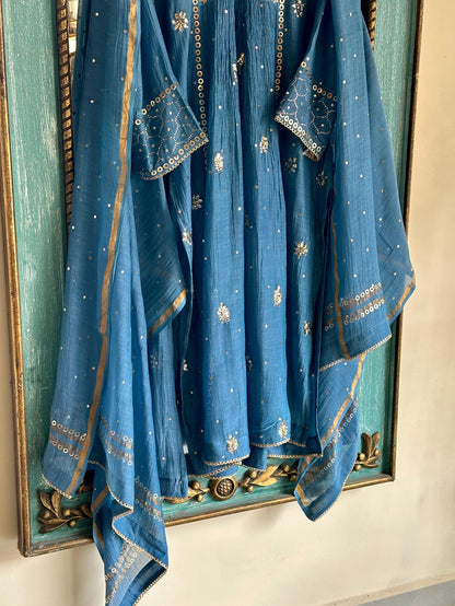 Blue Shade Mukaish Mul Chanderi Silk Dress