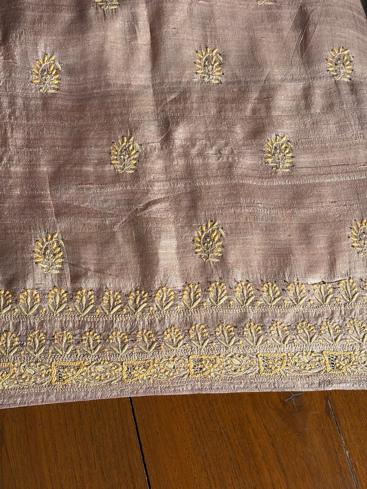 Beige Shade Roheen Tussar Silk Chikankari Fabric