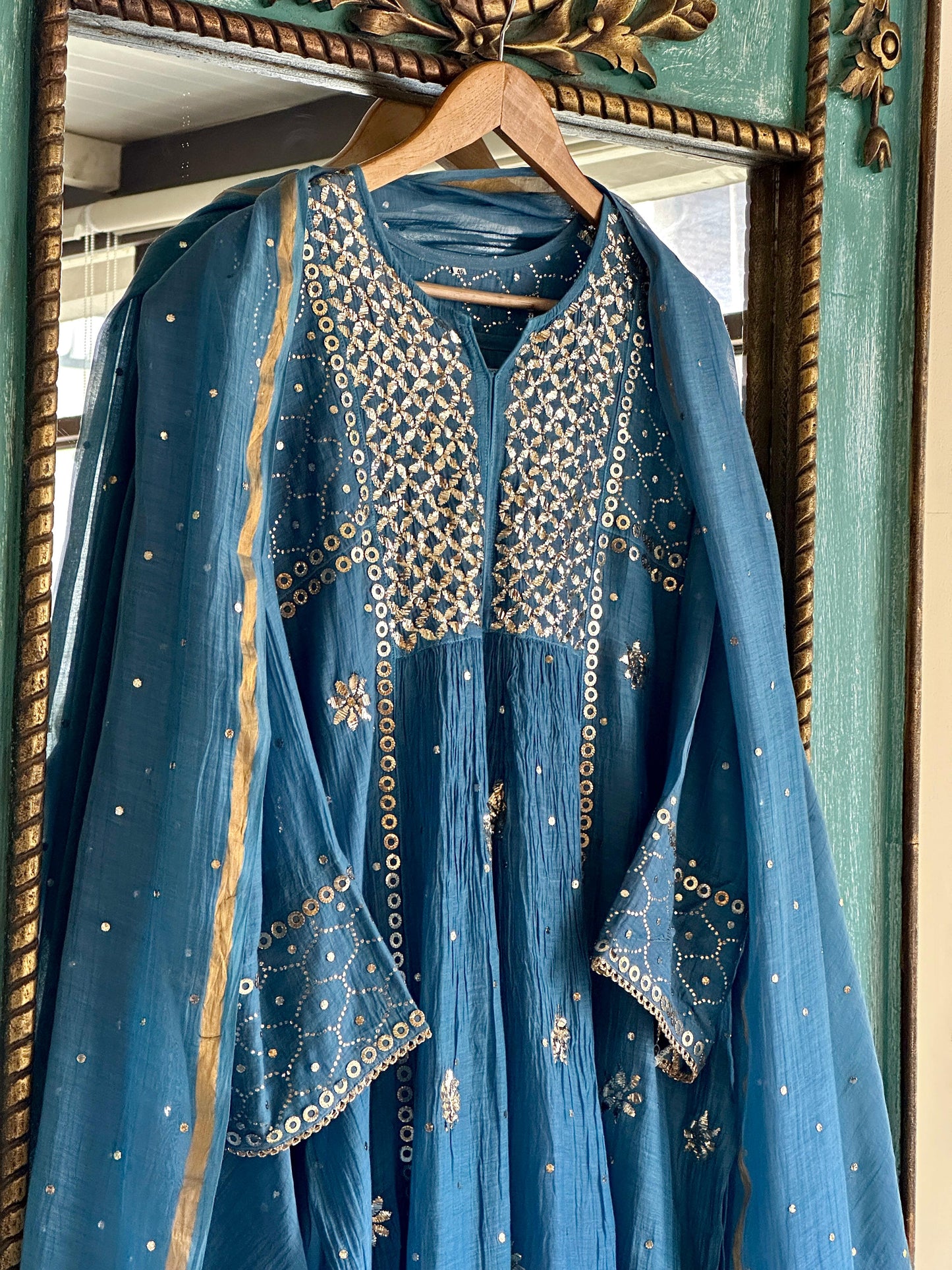 Blue Shade Mukaish Mul Chanderi Silk Dress