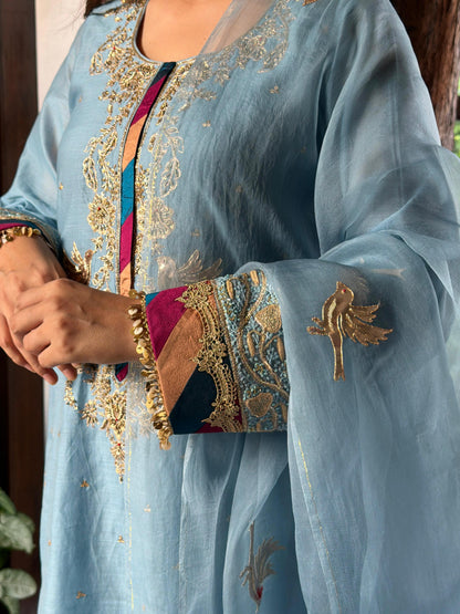 Pastel Blue Chanderi Silk Bird Motif Khadi Salwar Set
