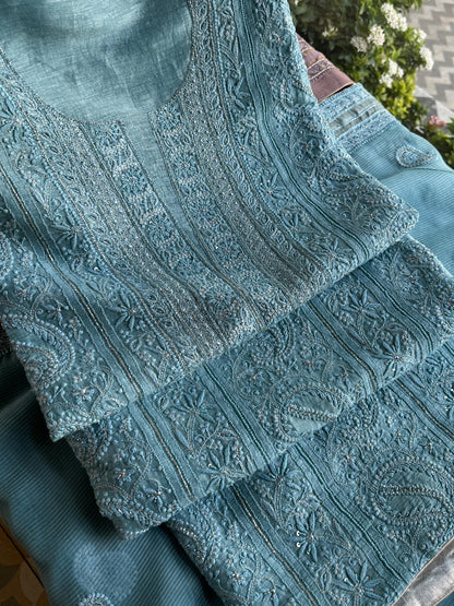 Sky Blue Shade Linen Silk Chikankari With Ari Work Unstitched Kurta Dupatta Set